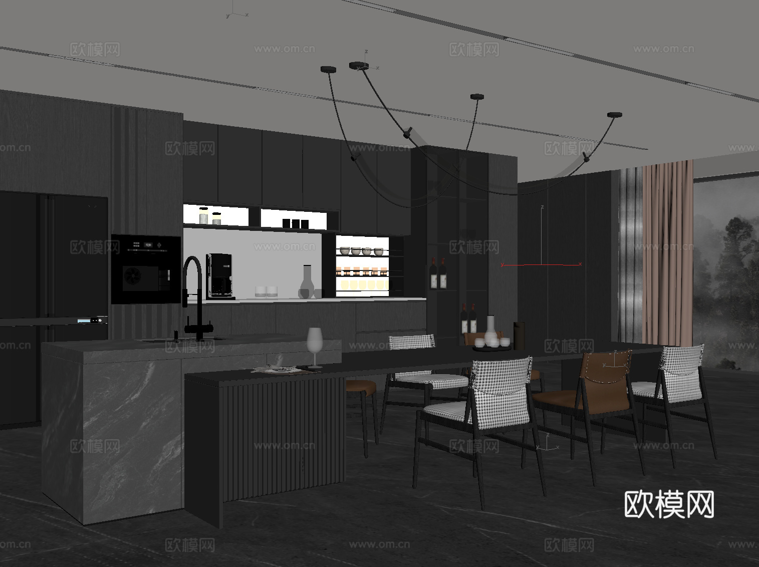 现代意式岛台 餐桌椅su模型