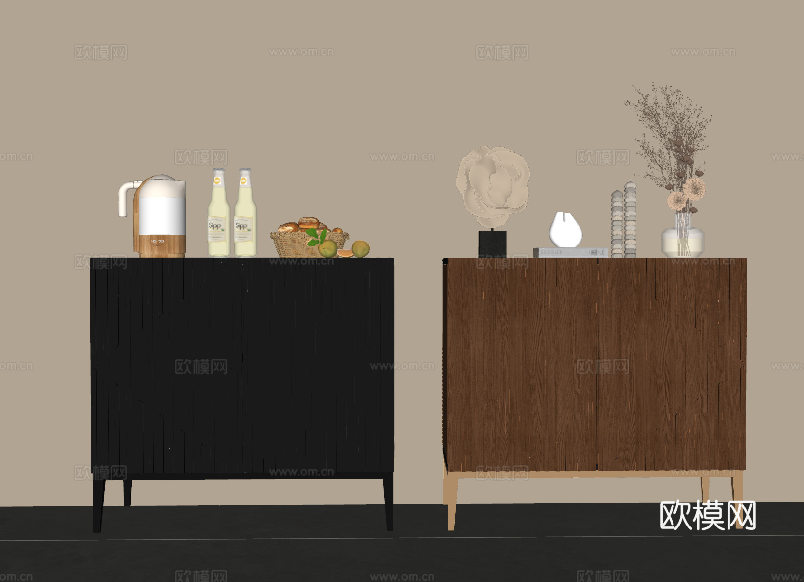 现代中古玄关柜 备餐柜 复古玄关柜su模型