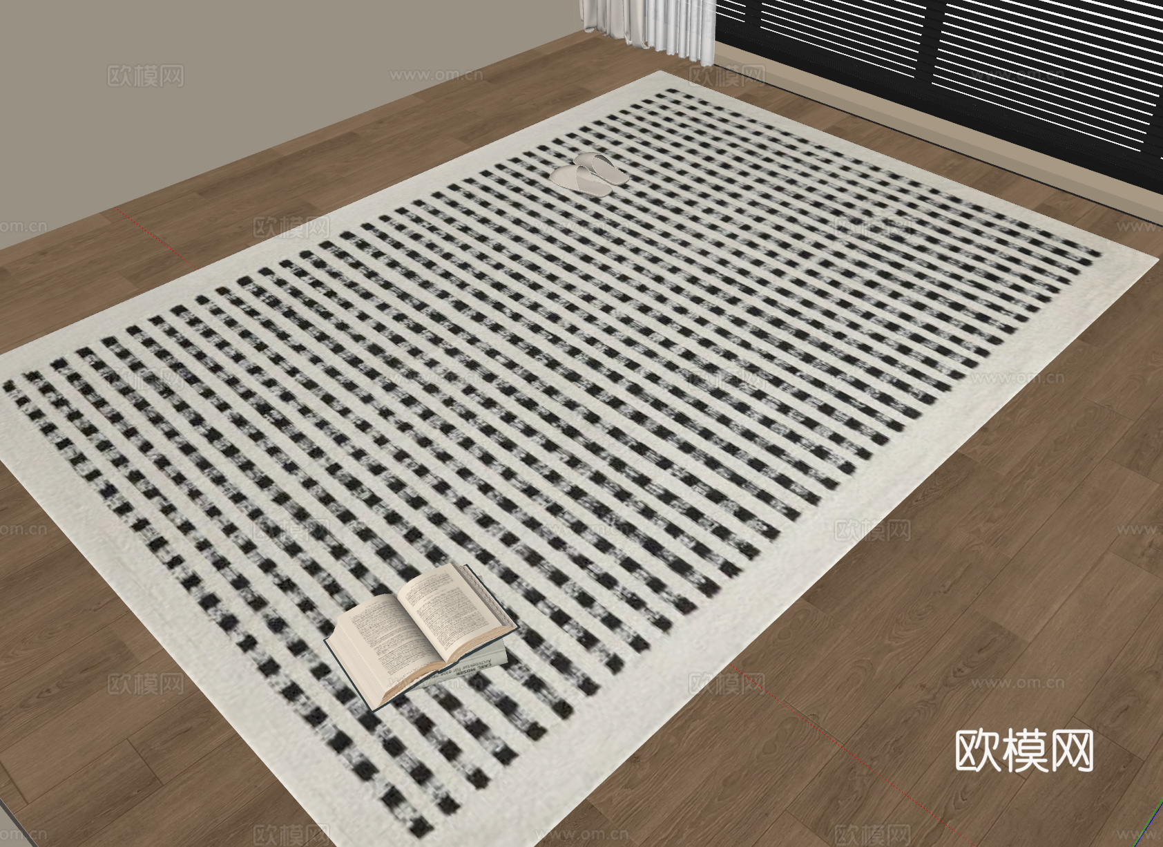 现代中古风地毯 中古格子地毯 黑白格子方地毯su模型su模型