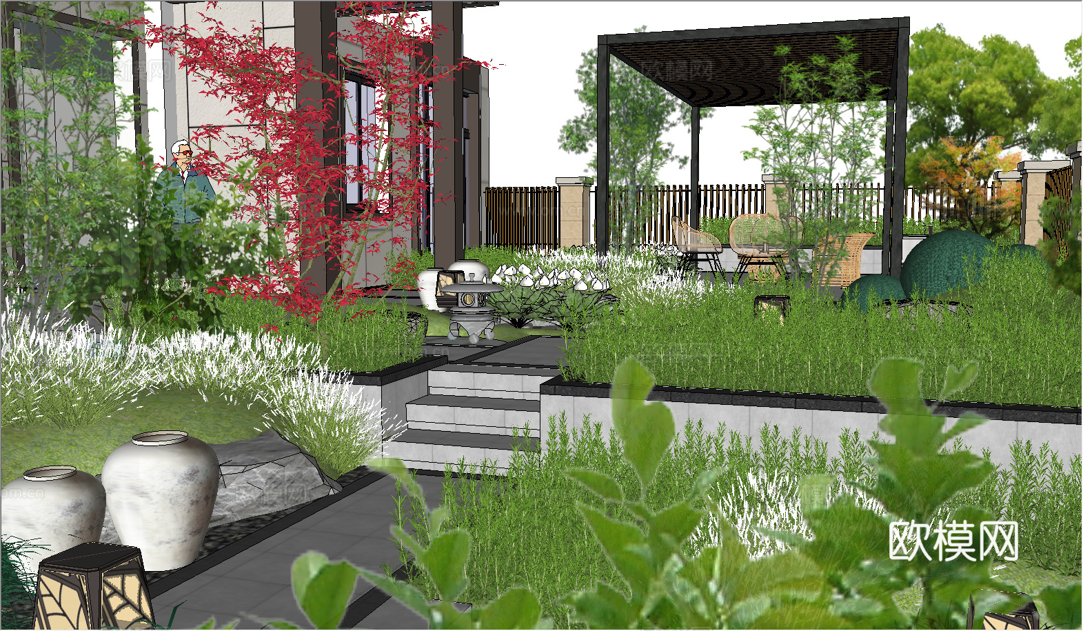 中式庭院花园_廊架_枯山水_禅意小品园林su模型