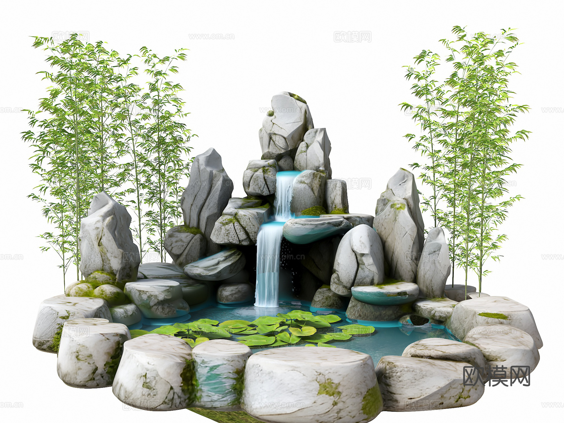 现代生态鱼池 水池 荷花池 观赏锦鲤池 假山叠水 假山水景su模型