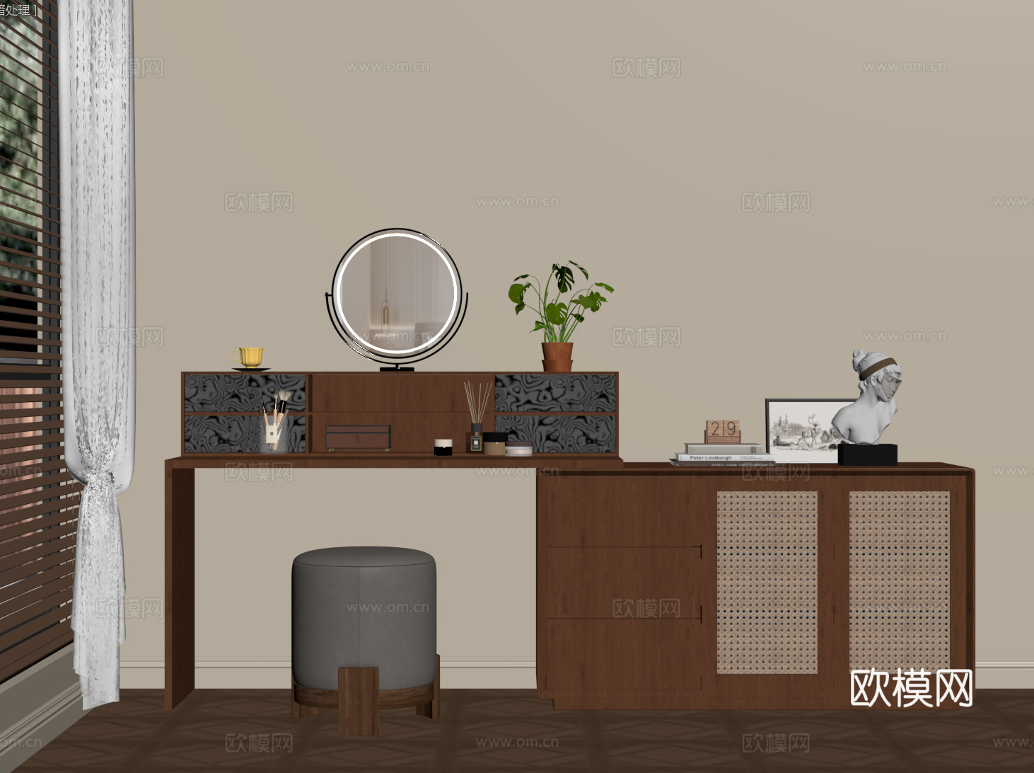 中古侘寂梳妆台 梳妆台斗柜一体 转角化妆台su模型