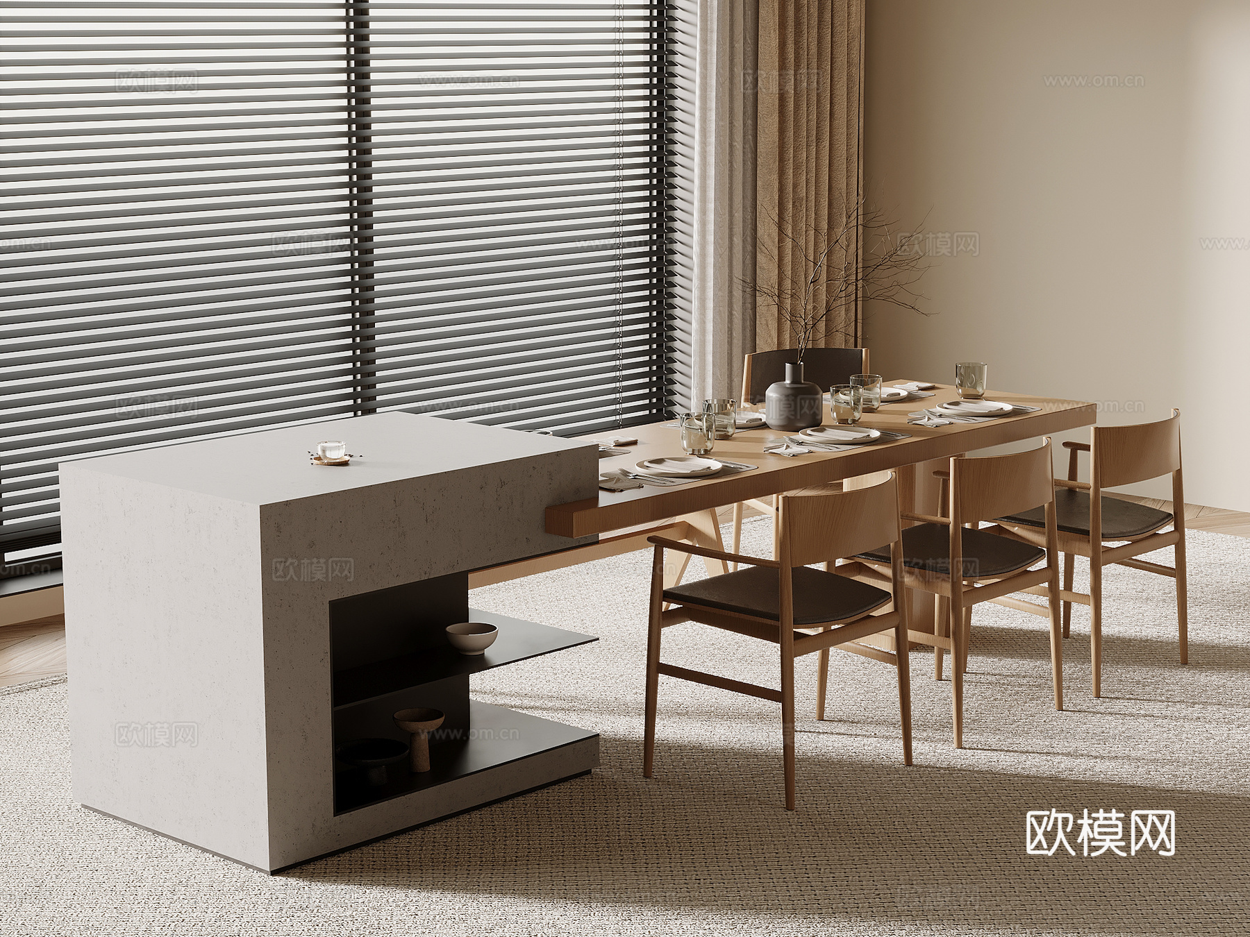 侘寂风岛台 餐桌椅su模型