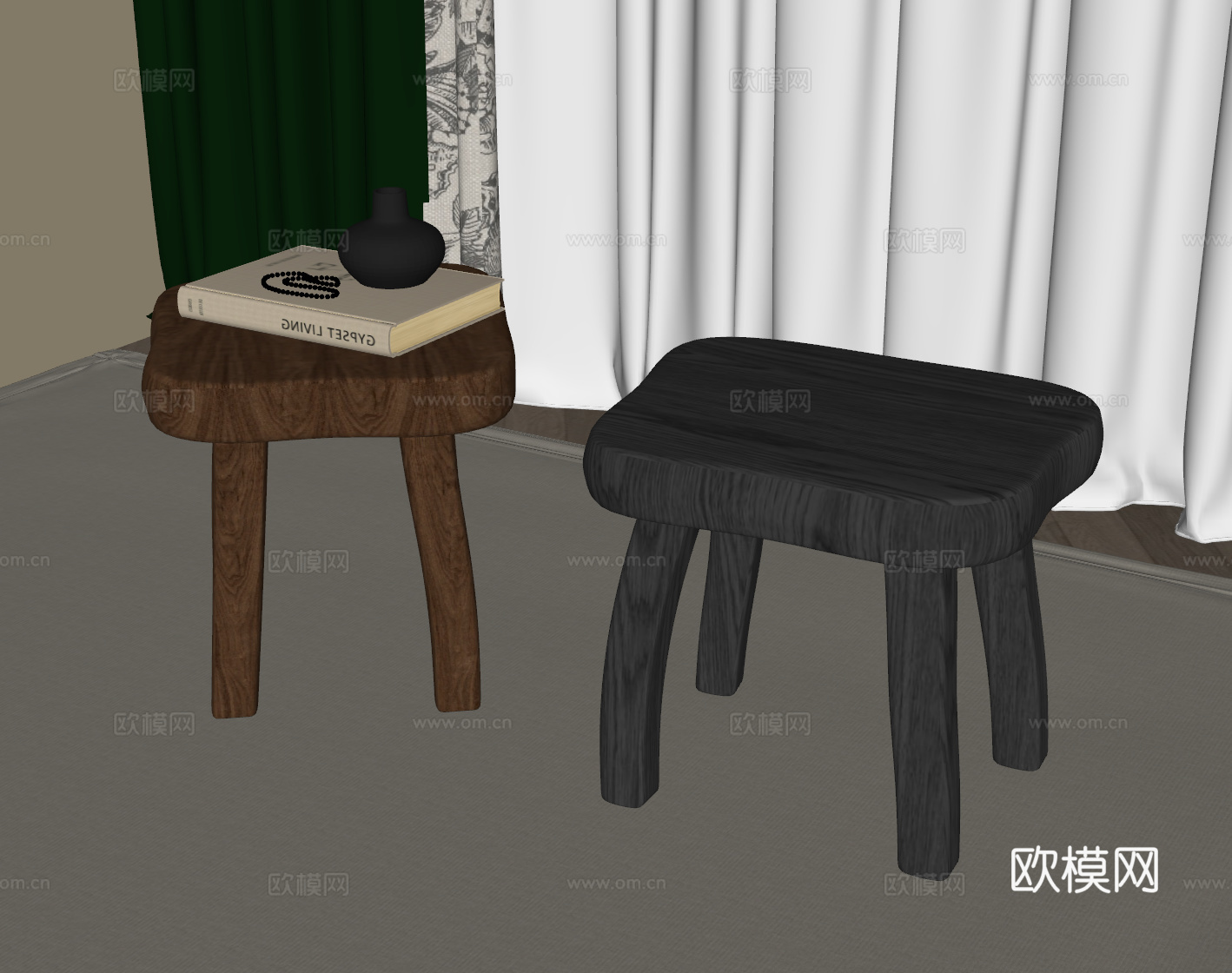 现代中古凳子 木凳 复古凳子su模型