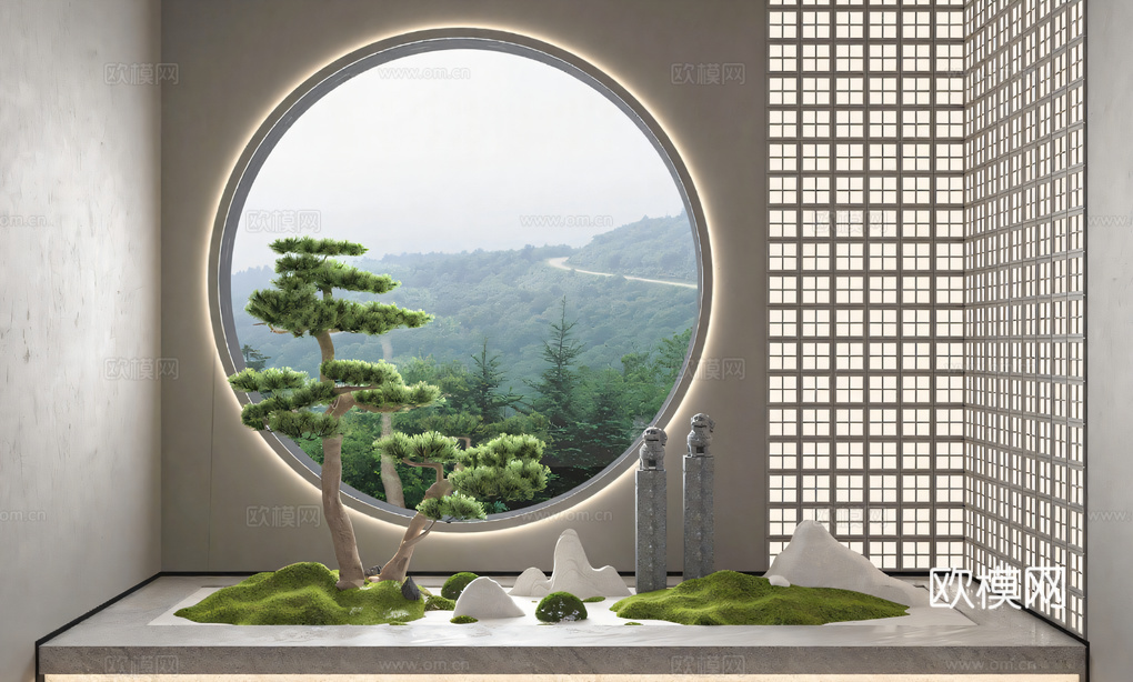 新中式枯山水_植物_庭院景观_景观小品su模型