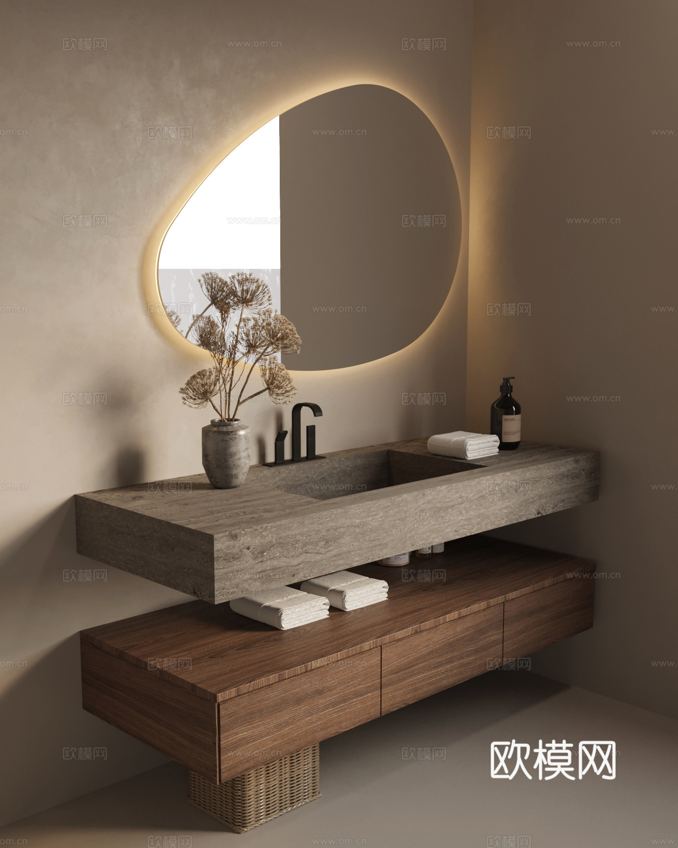 侘寂风浴室柜 洗手台su模型