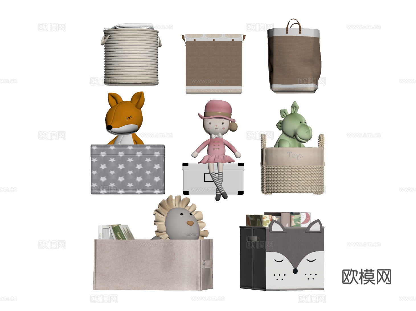 现代儿童收纳筐 毛绒玩具收纳袋 编制收纳筐su模型