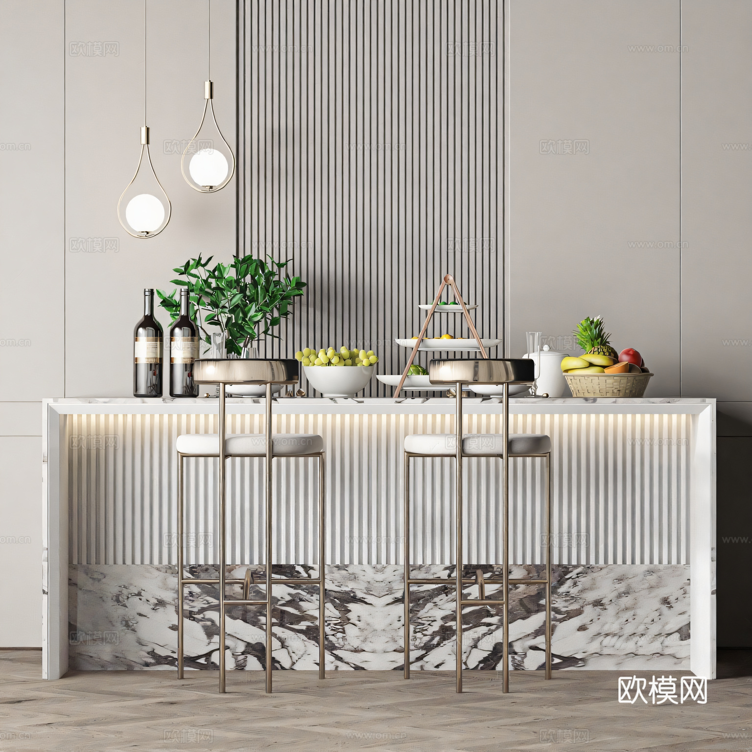 现代吧台_吧椅_果盘su模型