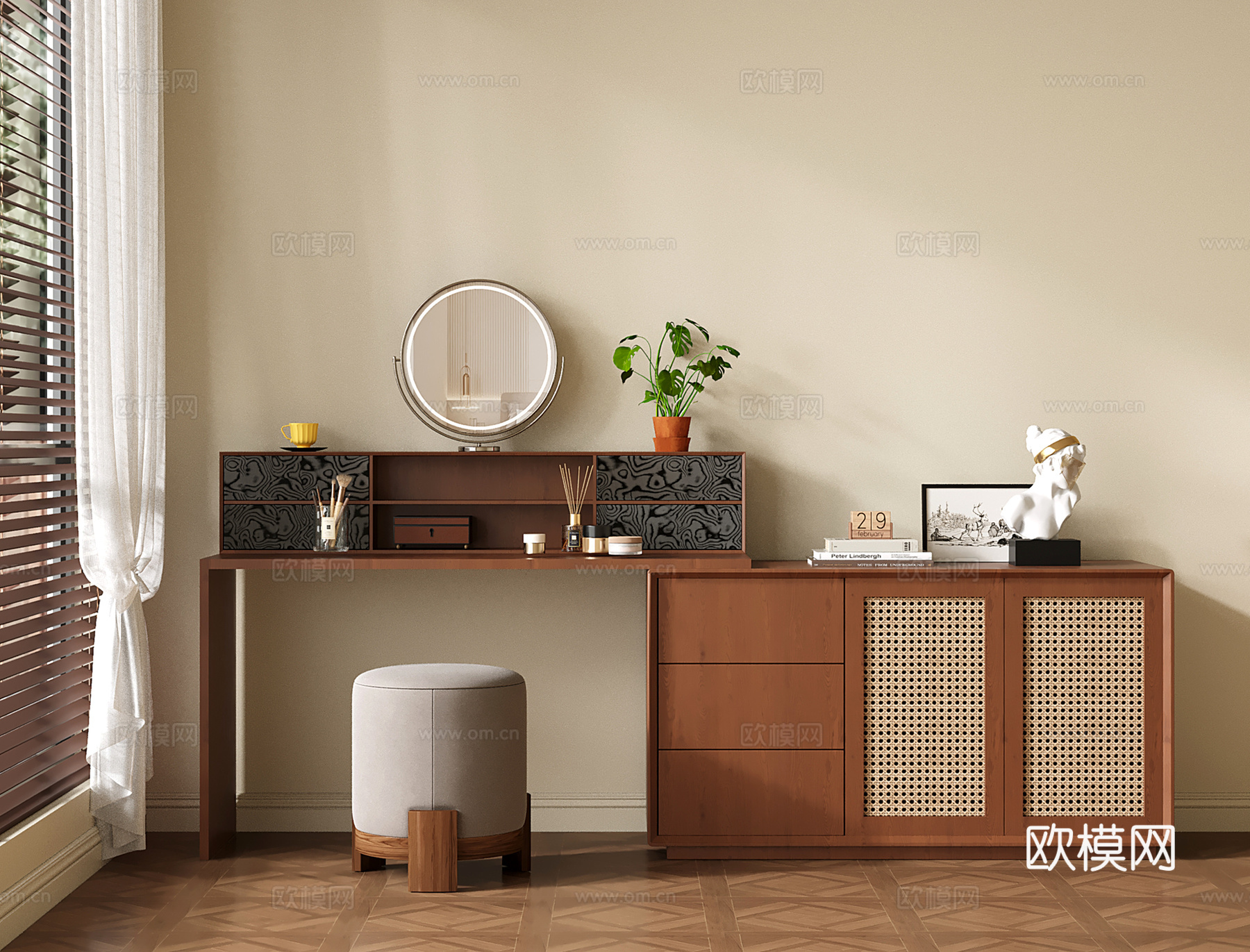 中古侘寂梳妆台 梳妆台斗柜一体 转角化妆台su模型