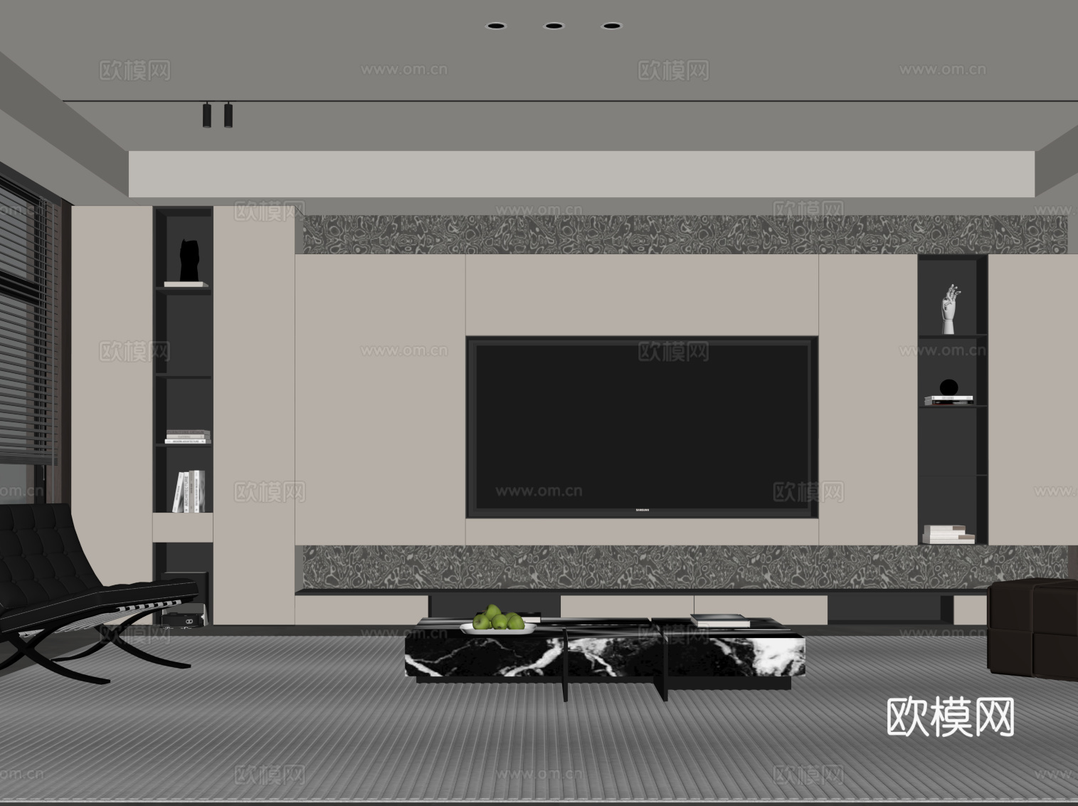 现代意式客厅 电视背景墙 沙发茶几组合su模型
