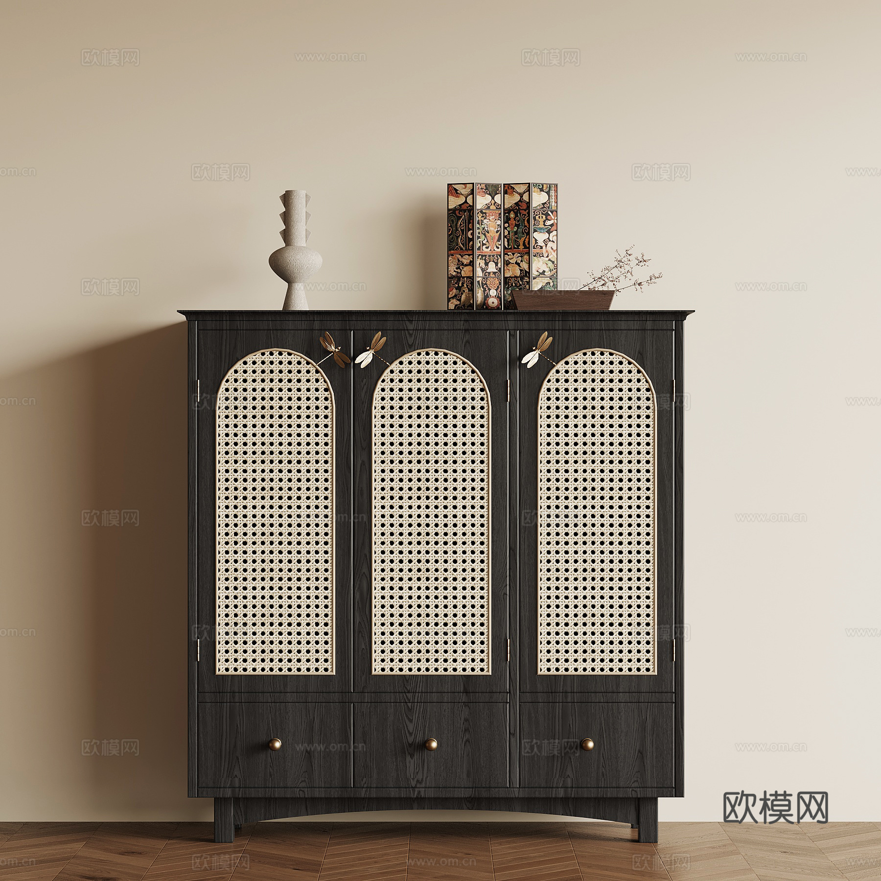 法式复古玄关柜 高柜 藤编柜su模型