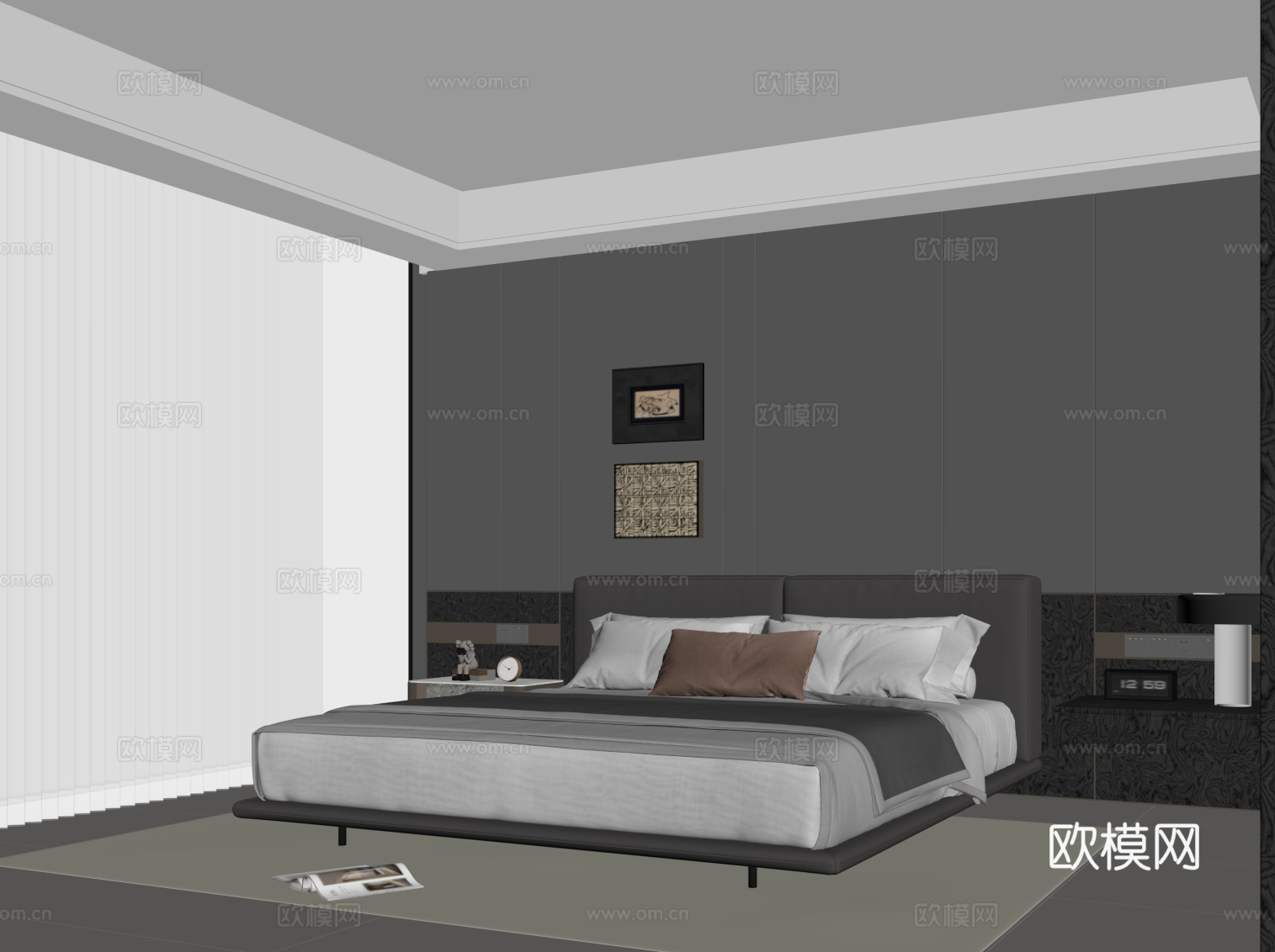 现代卧室 双人床su模型
