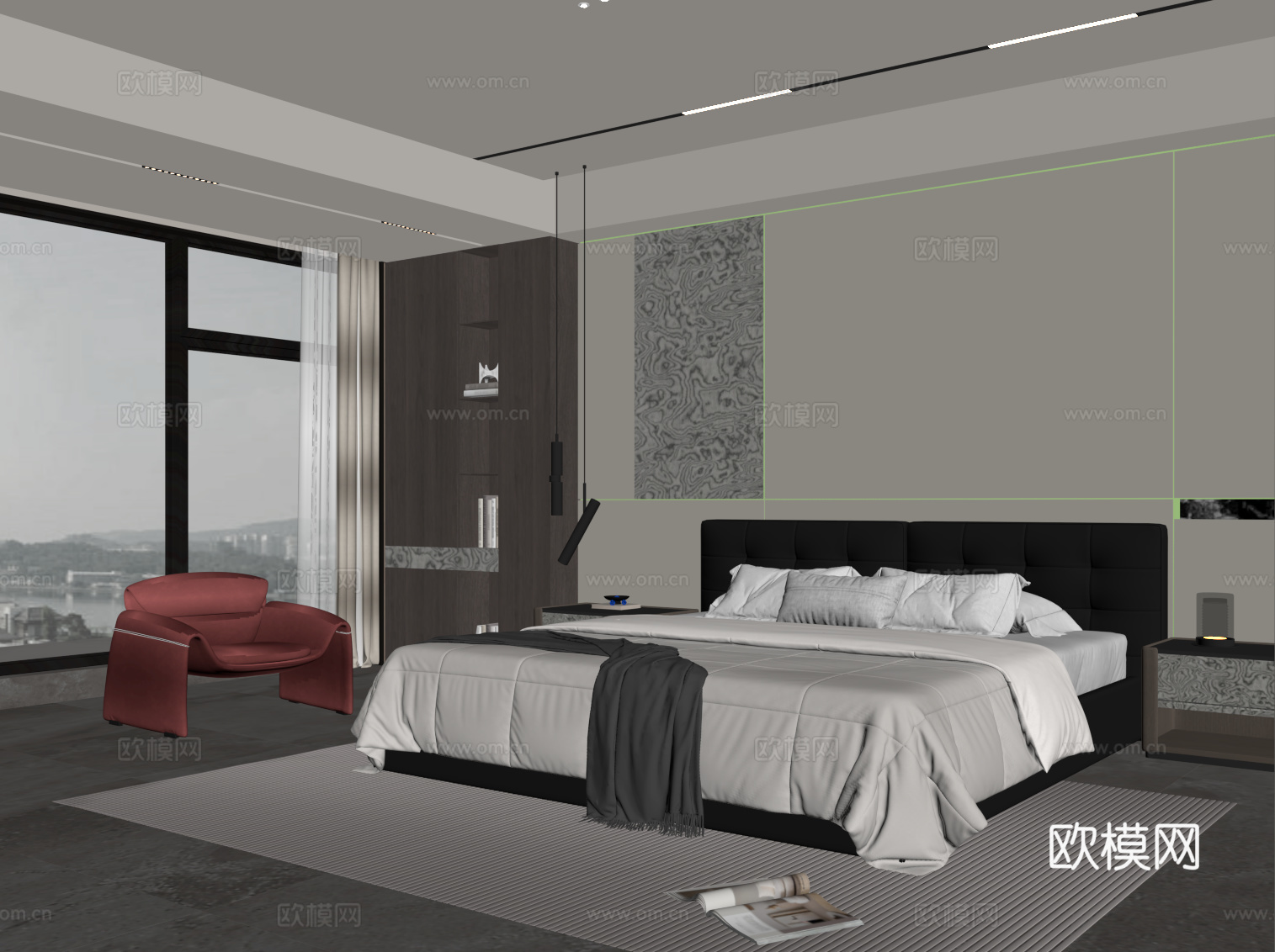 现代卧室 双人床su模型