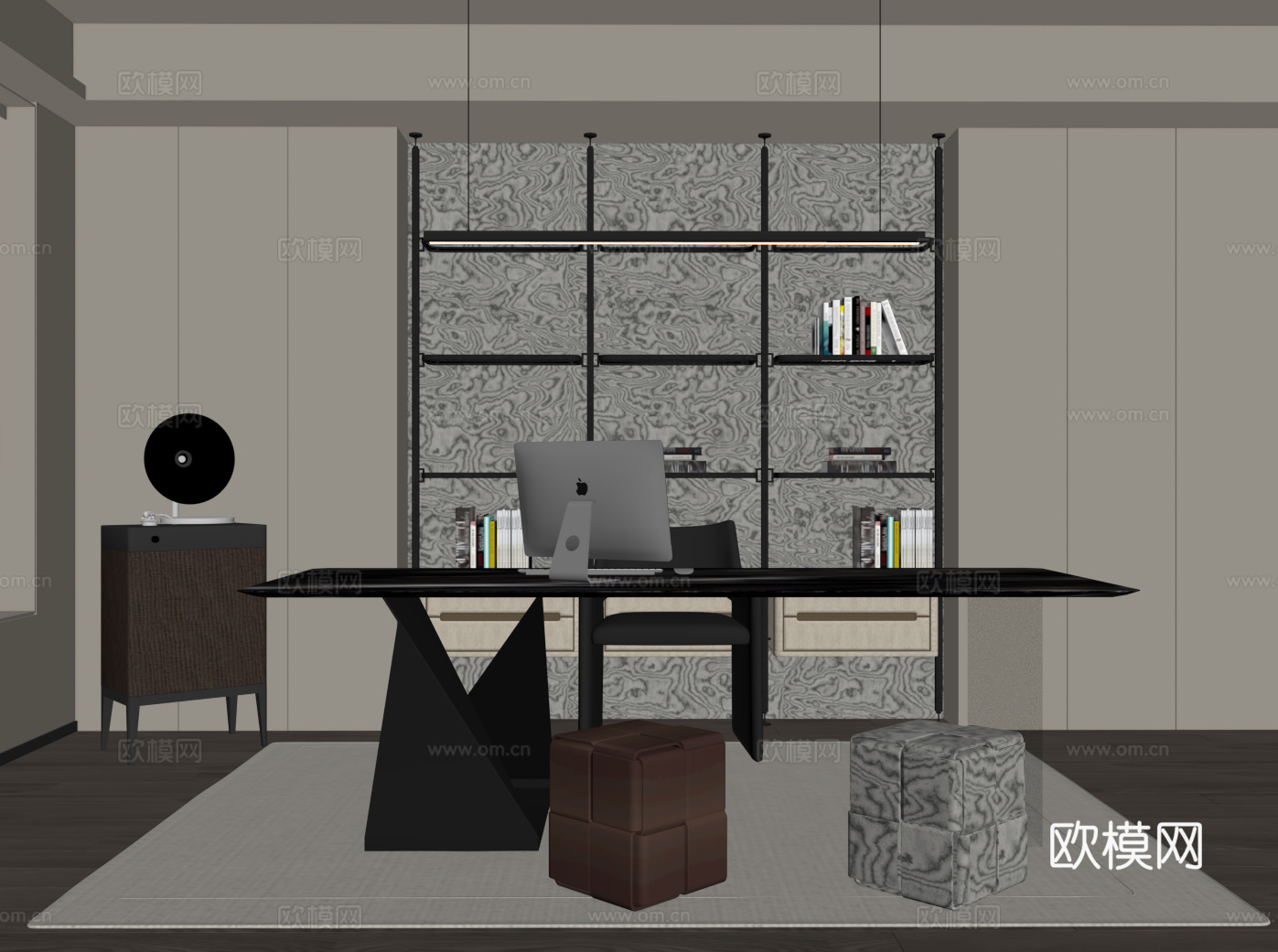 现代书房 书桌椅 书柜su模型