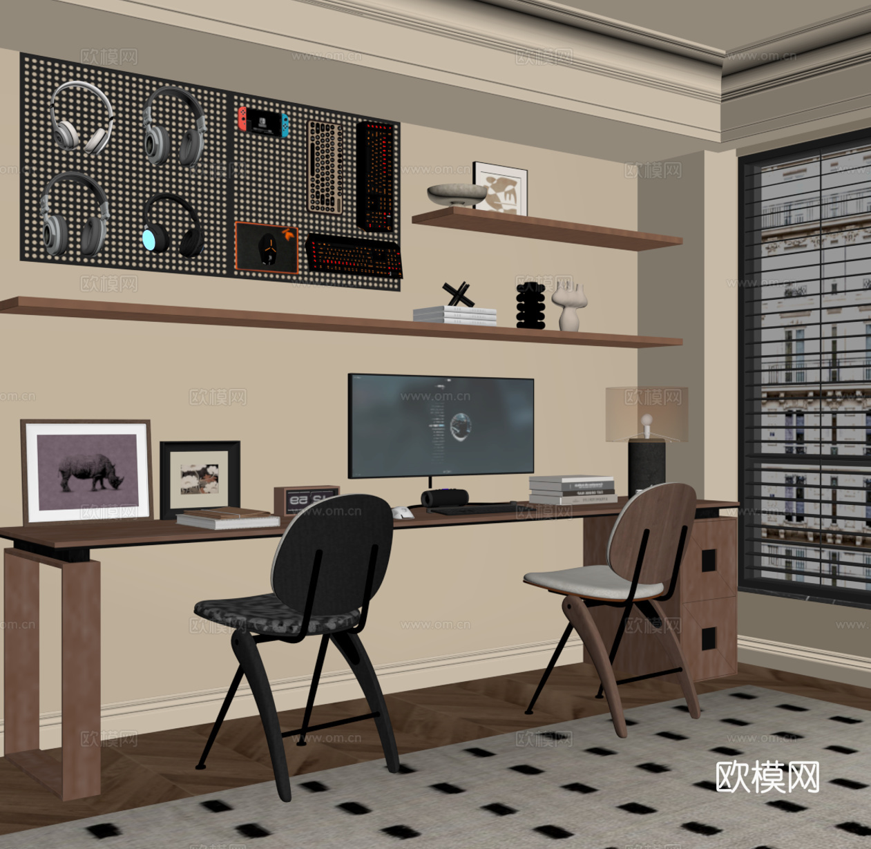 中古风书桌椅 书房 写字桌su模型
