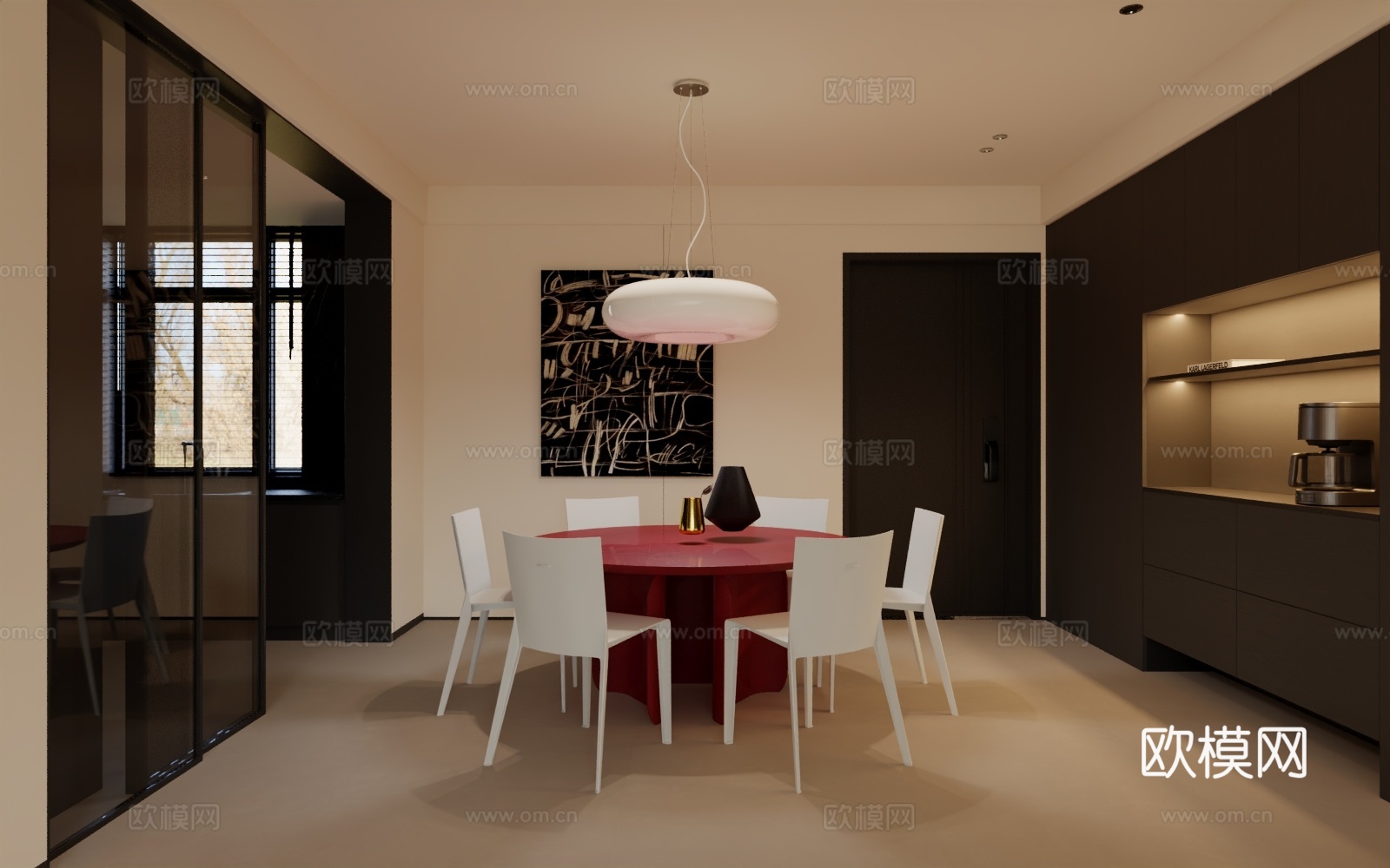 现代黑白灰客餐厅3d模型下载（渲染图2）