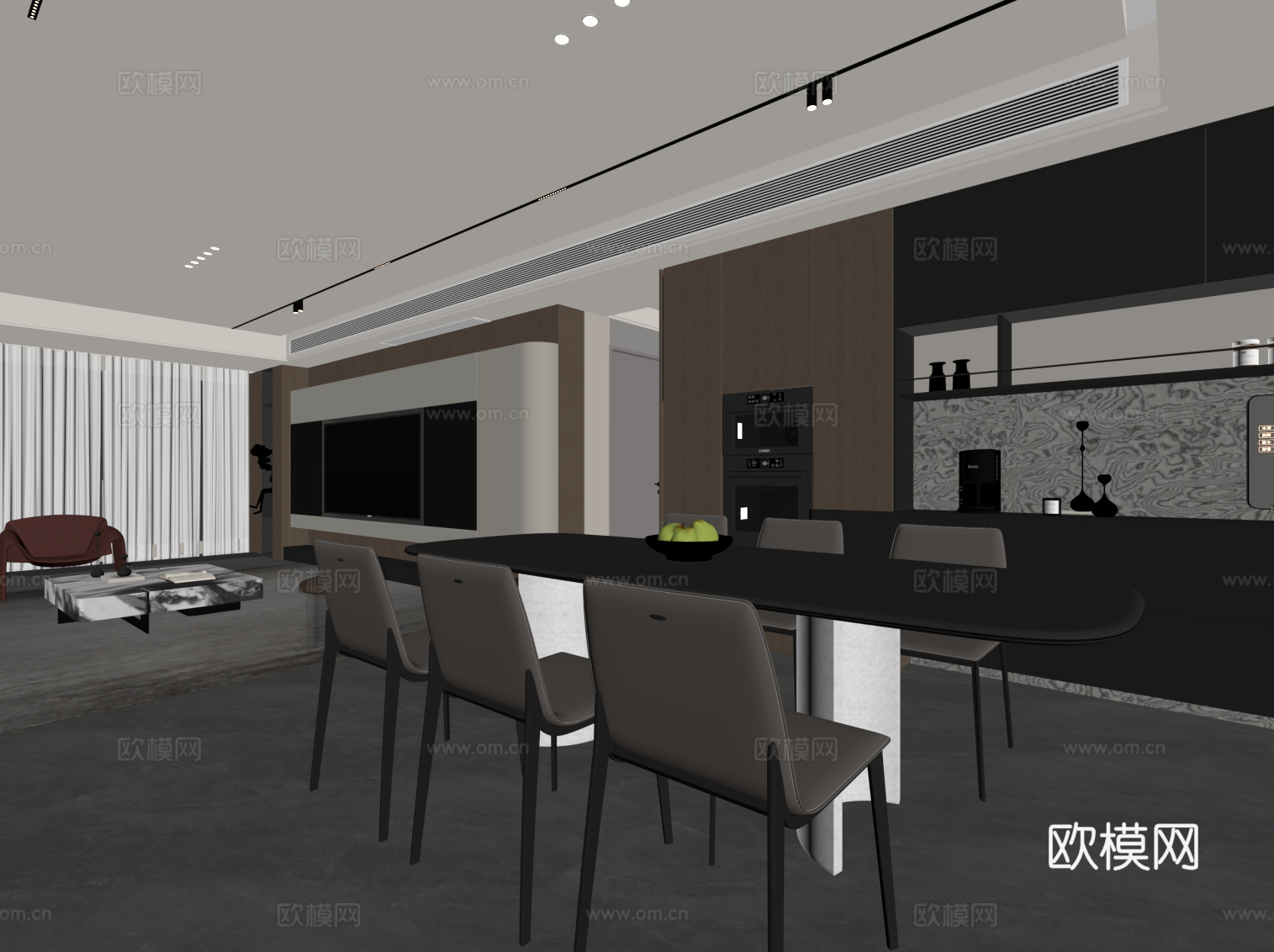 现代客餐厅 餐厅 客厅 酒柜 餐桌椅su模型