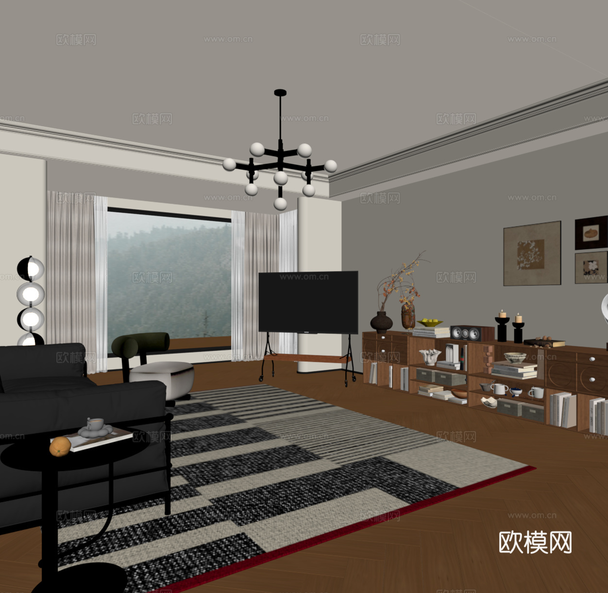 中古风客厅电视柜 支架电视 书柜su模型