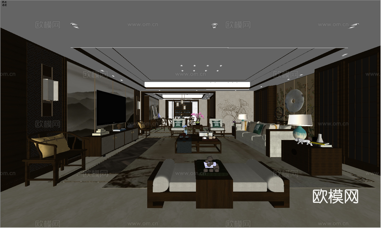 新中式客厅su模型