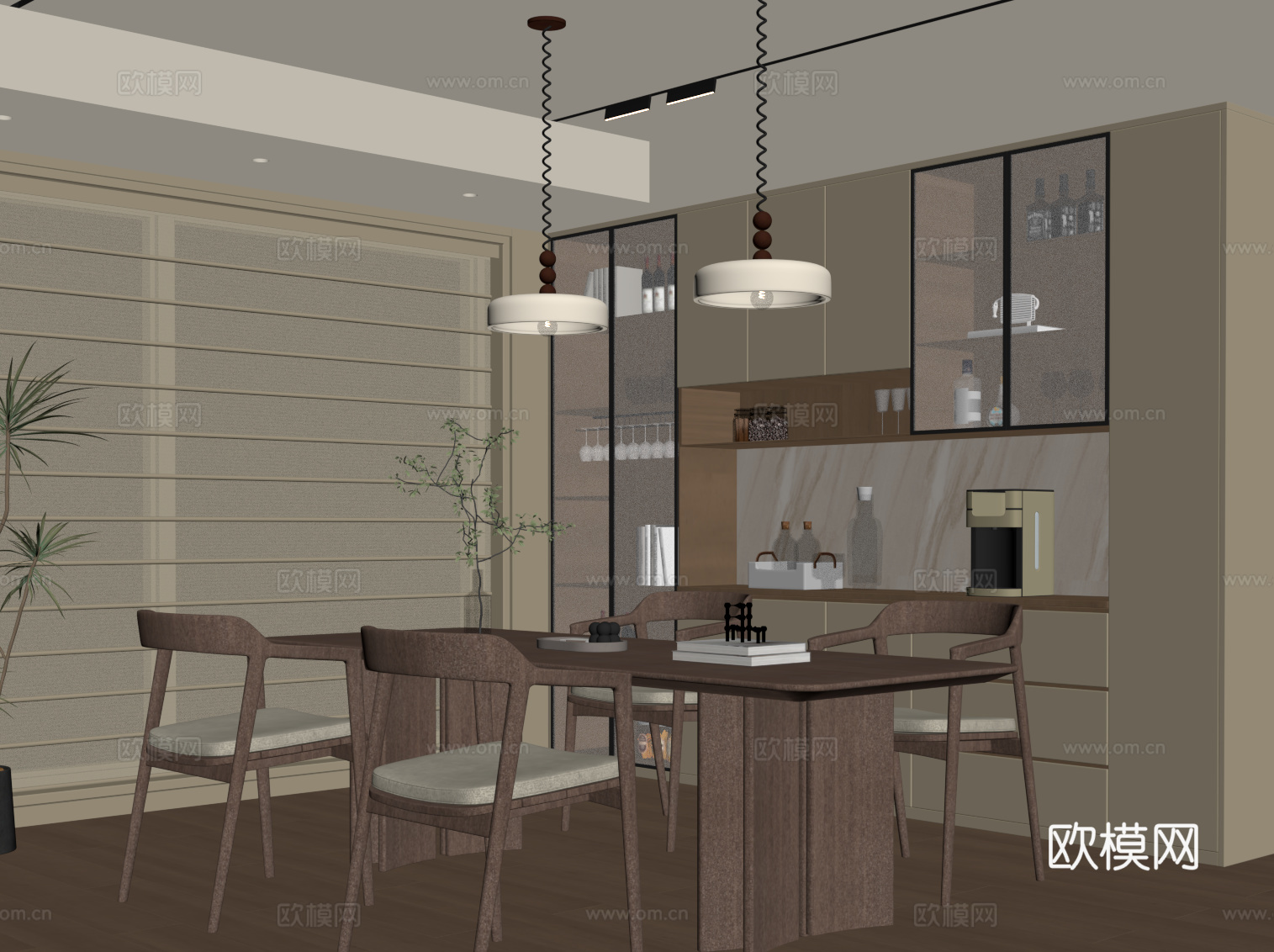 现代中古风餐厅 酒柜 餐桌椅su模型下载（渲染图2）