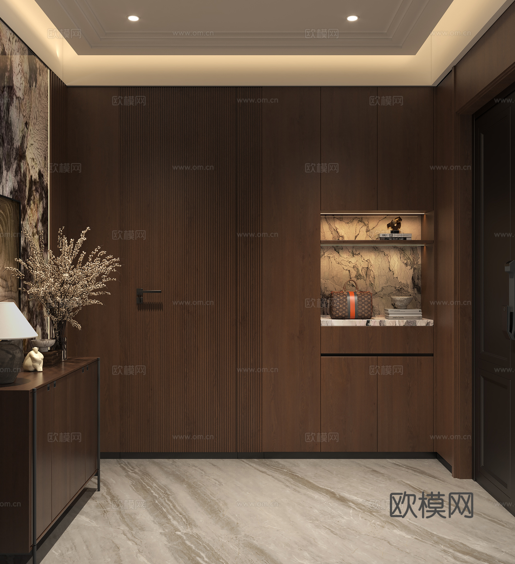 现代意式入户门厅 老钱风玄关鞋柜 现代别墅门厅端景 意式木纹su模型