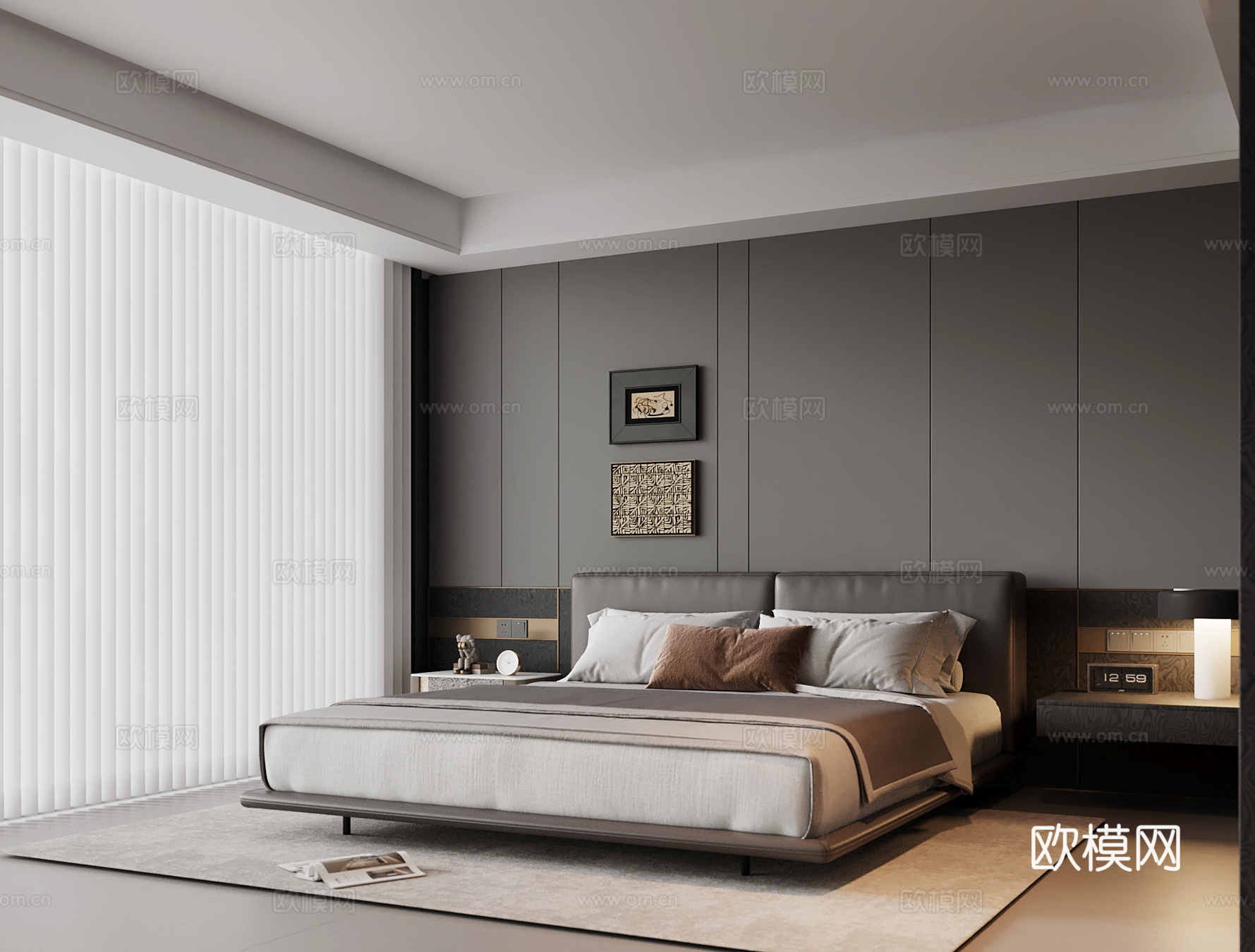现代卧室 双人床su模型