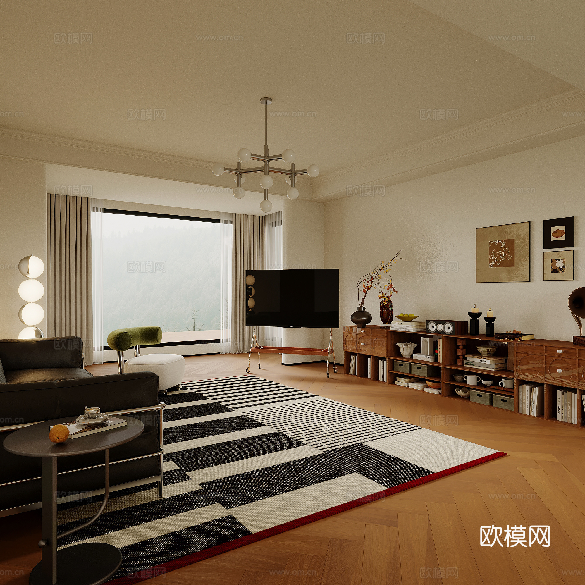 中古风客厅电视柜 支架电视 书柜su模型