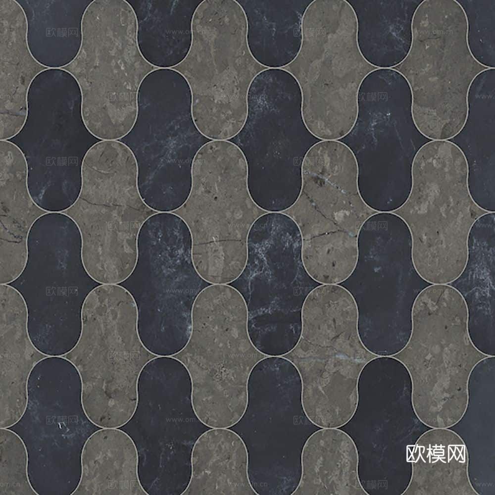 现代无缝轻奢石材拼花地面 黑白拼花石材贴图