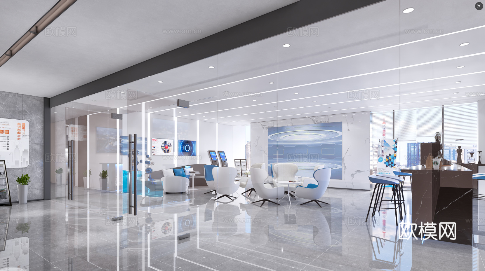 现代政务大厅 服务大厅 办事大厅 休闲接待 接待台 休闲区su模型