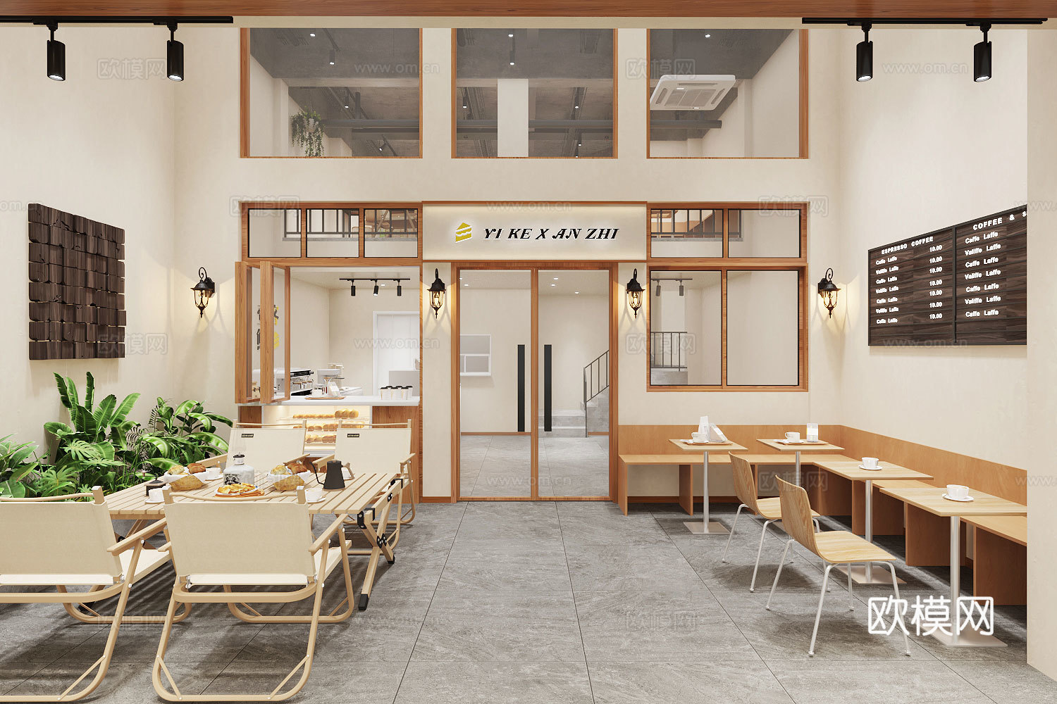 原木奶油工业风咖啡厅3d模型下载（渲染图1）