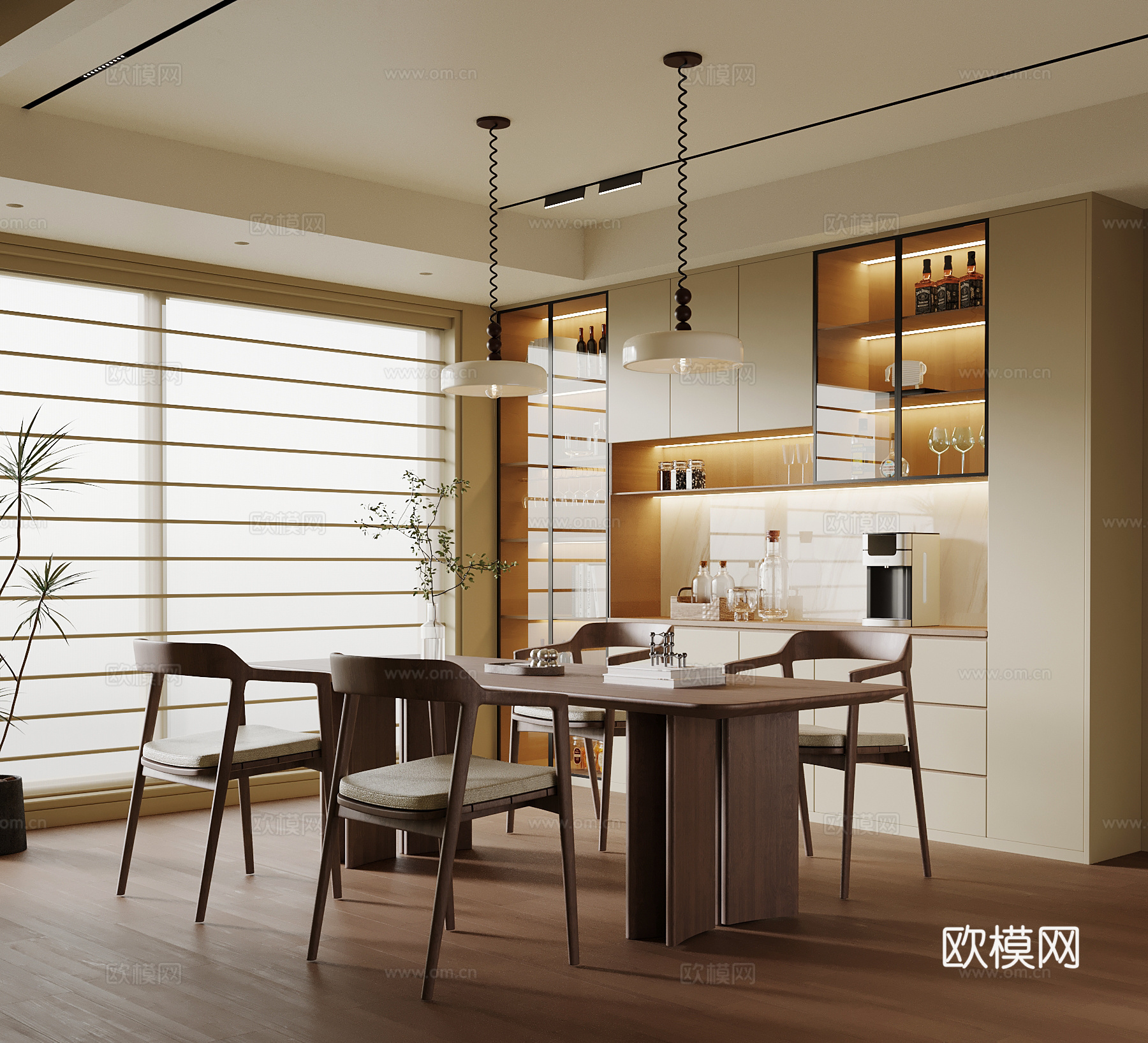 现代中古风餐厅 酒柜 餐桌椅su模型下载（渲染图1）
