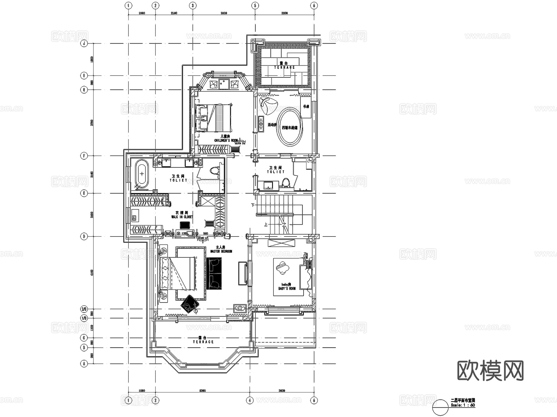 盘锦美的城三层小别墅样板间室内家装CAD施工图cad施工图