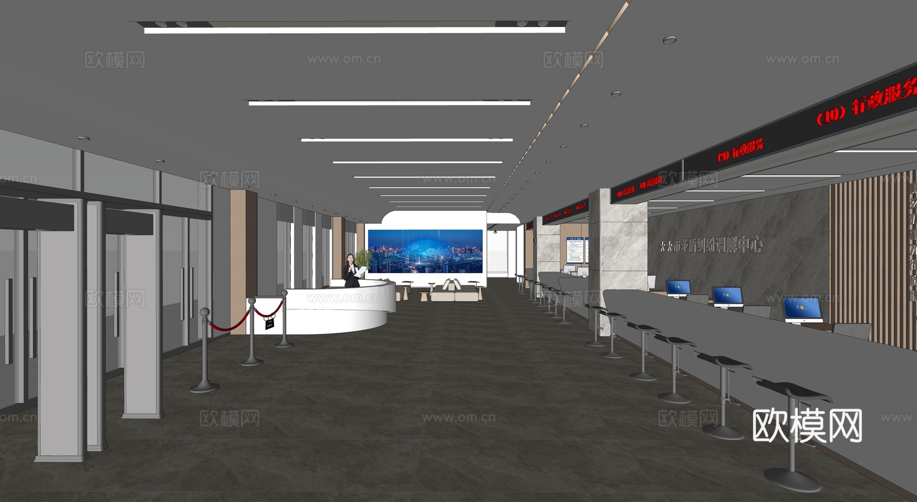 现代办公大堂_现代办事大厅_党群服务中心_办公大厅_办事大堂su模型
