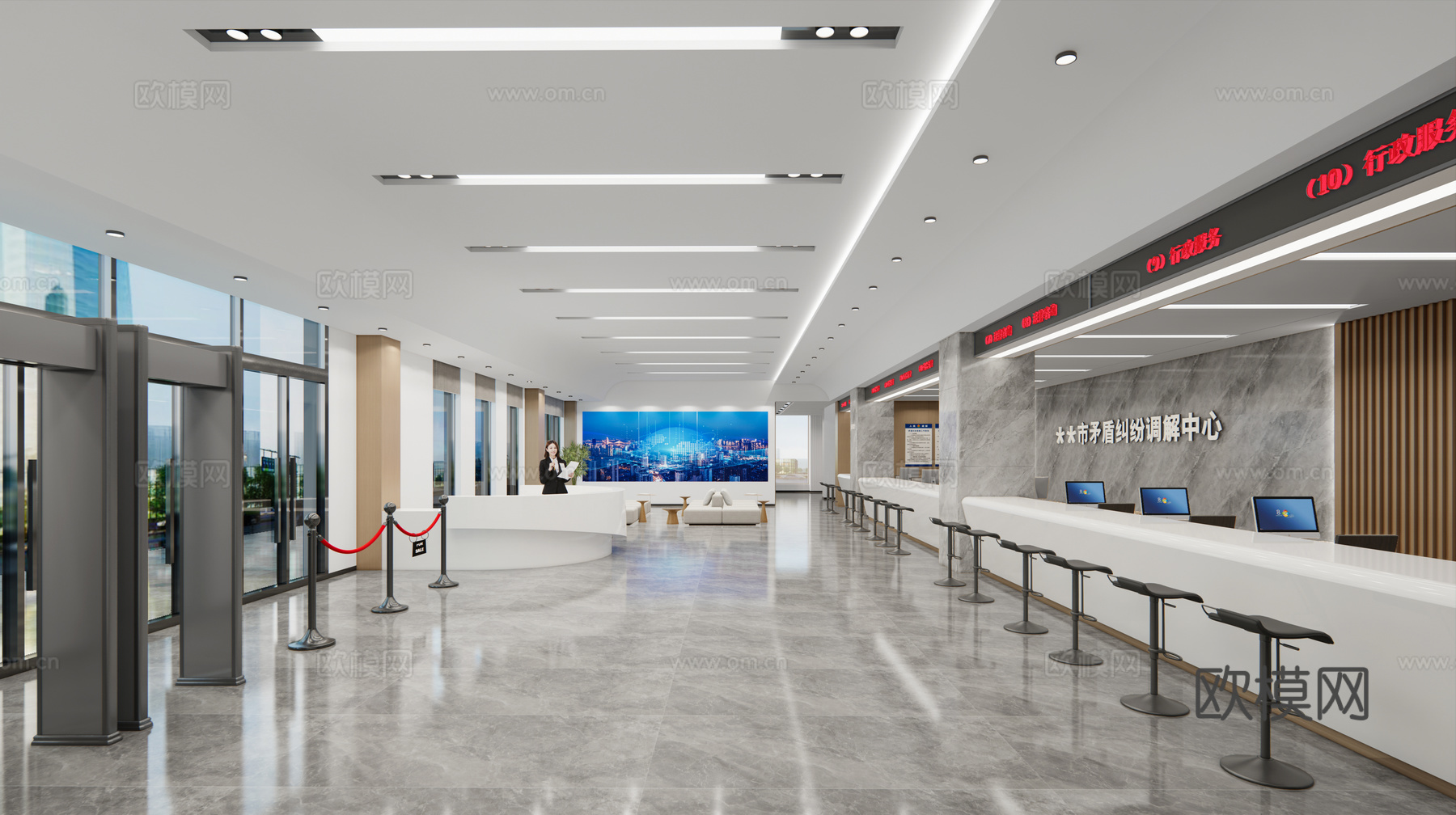 现代办公大堂_现代办事大厅_党群服务中心_办公大厅_办事大堂su模型