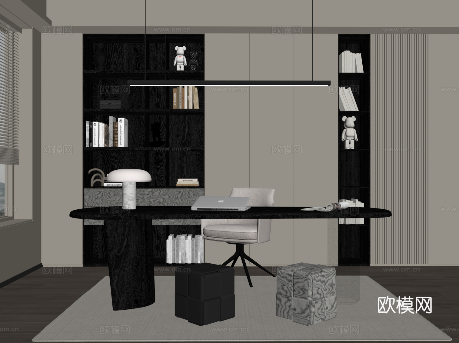 现代书房 书桌椅 书柜su模型