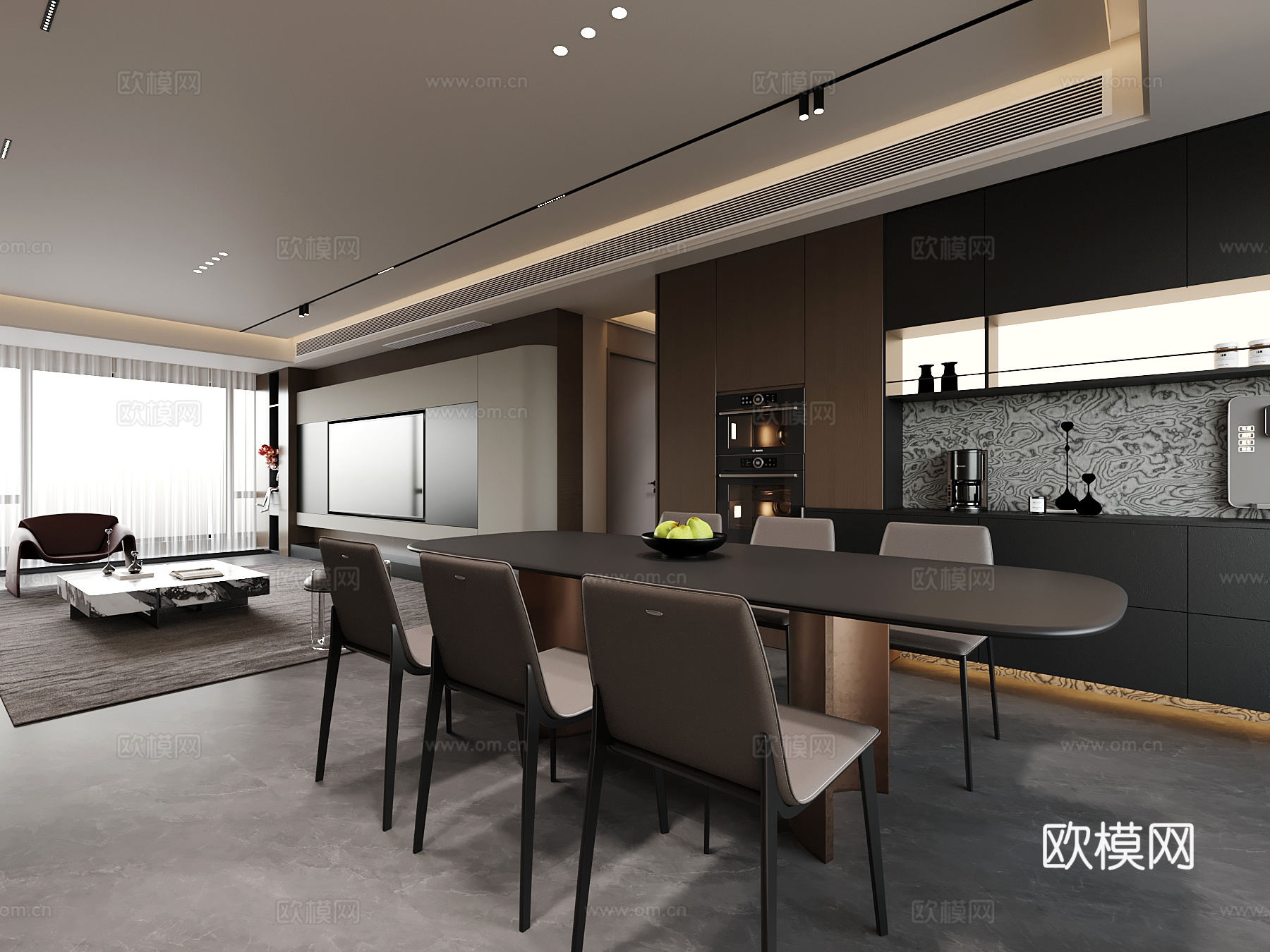 现代客餐厅 餐厅 客厅 酒柜 餐桌椅su模型