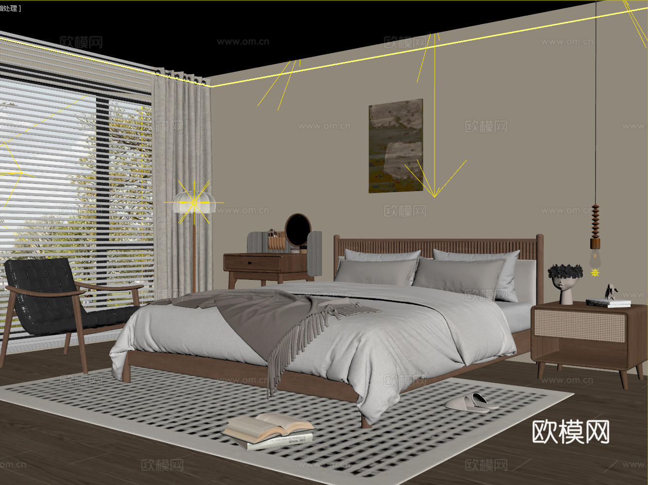 现代中古风家居卧室3d模型下载_ID16155465_3dmax免费模型-欧模网