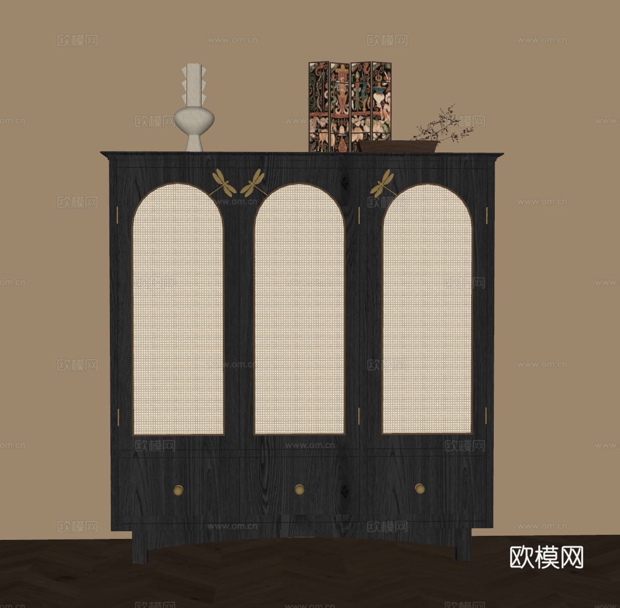 法式复古玄关柜 高柜 藤编柜su模型
