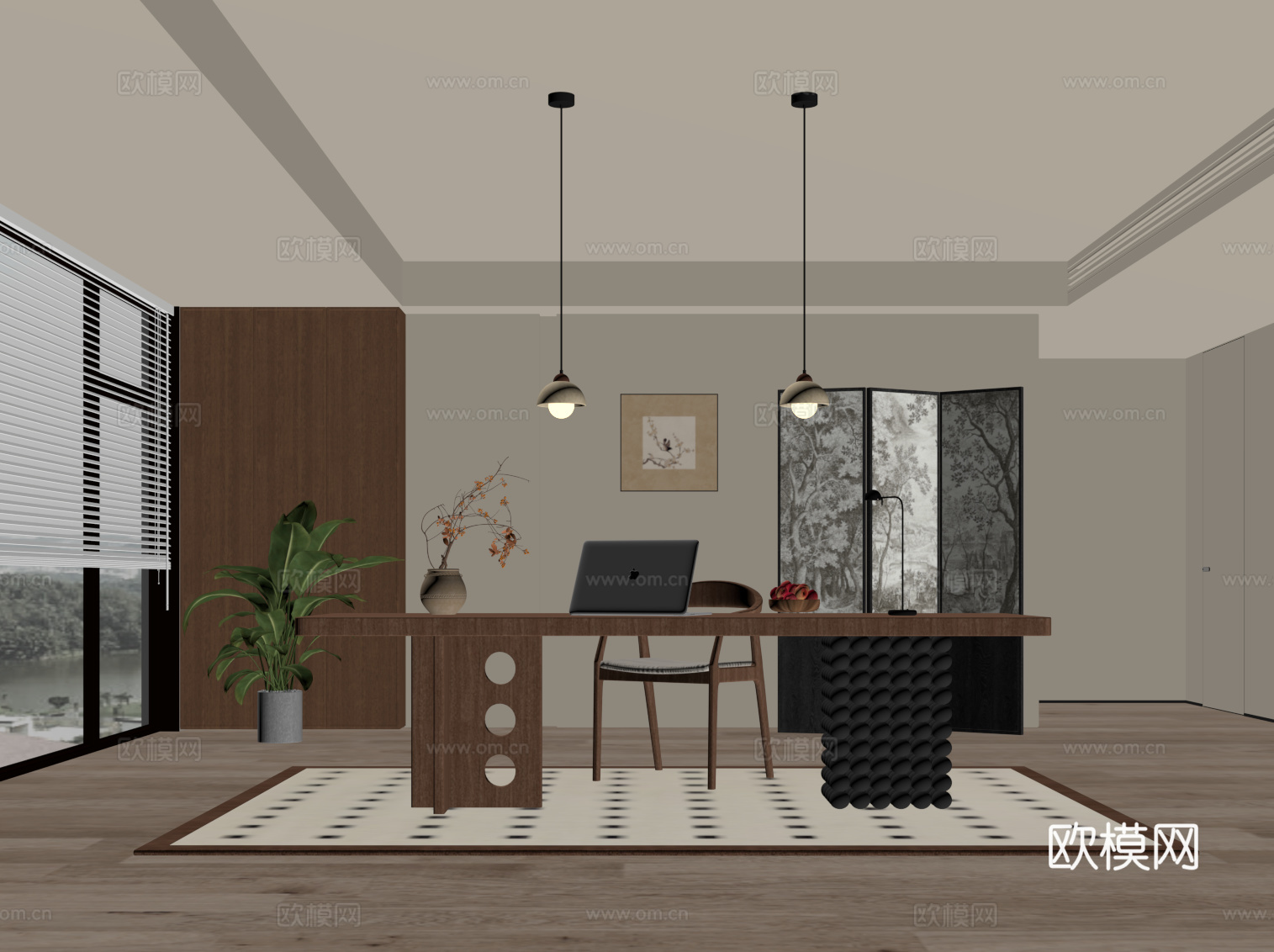 中古风书房 开放式书房 书桌椅 背景墙su模型下载（渲染图2）