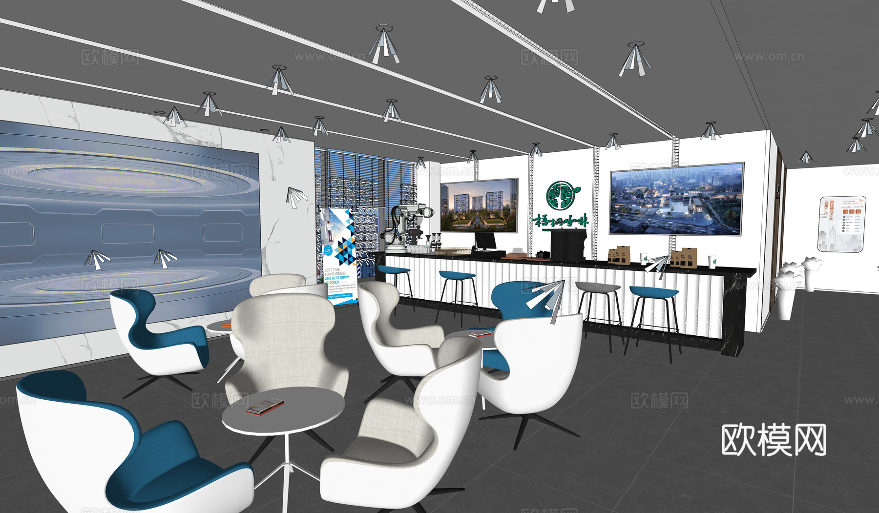 现代政务大厅 服务大厅 办事大厅 休闲接待 接待台 休闲区su模型