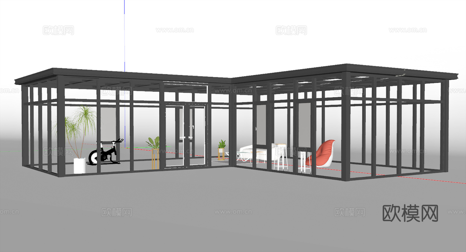 现代阳光房 玻璃房su模型