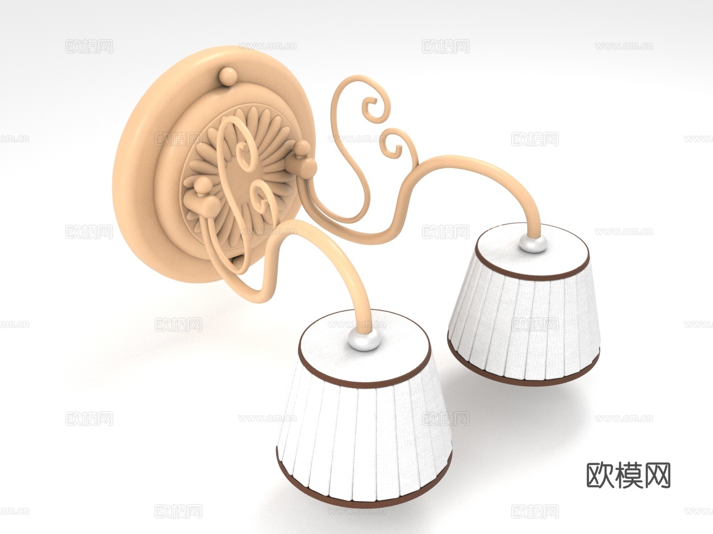 壁灯 双头 花纹底座 百褶灯罩 卷曲支架3d模型下载（渲染图1）