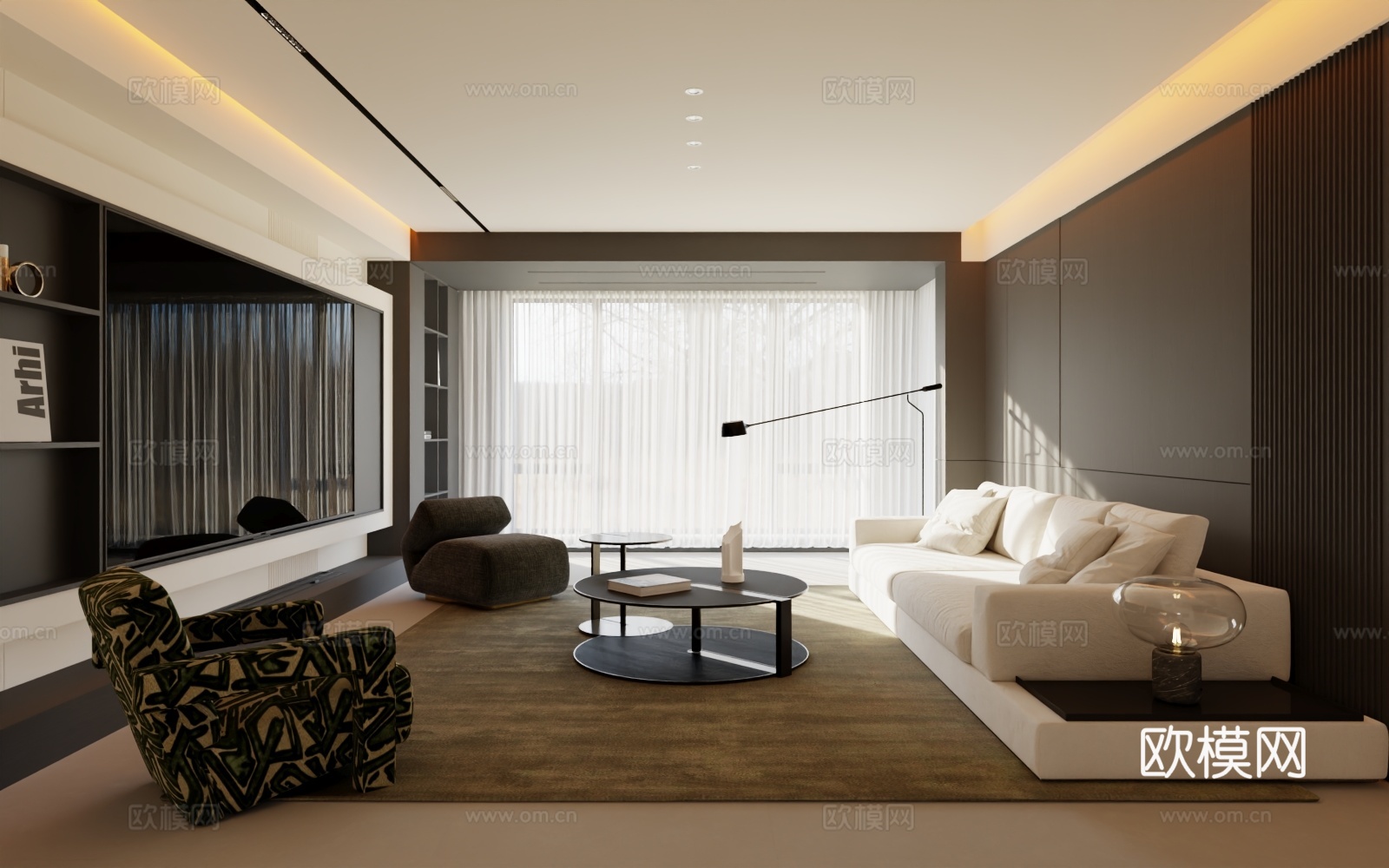 现代黑白灰客餐厅3d模型下载（渲染图1）