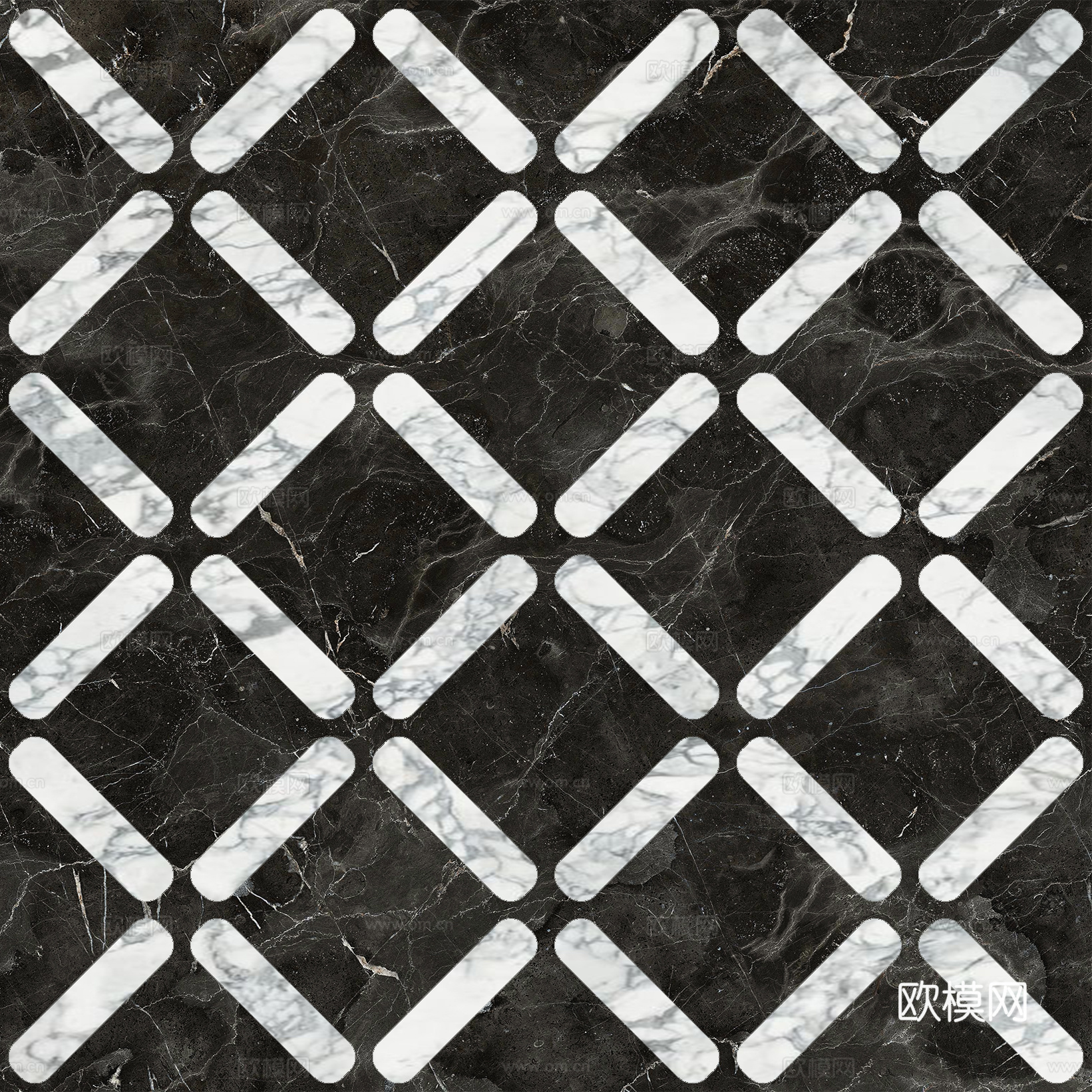 现代无缝轻奢石材拼花地面 黑白拼花石材贴图