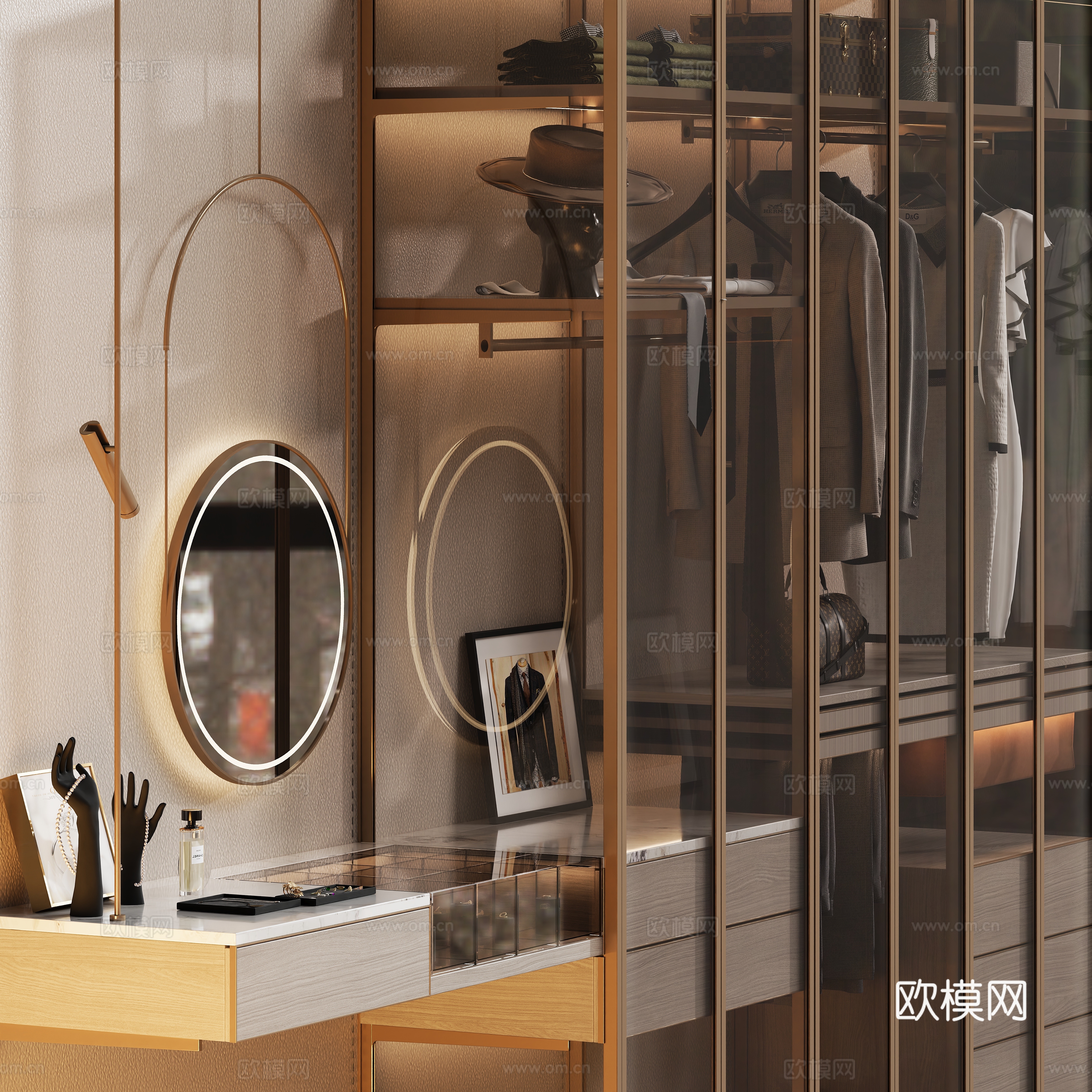 现代轻奢玻璃衣柜su模型