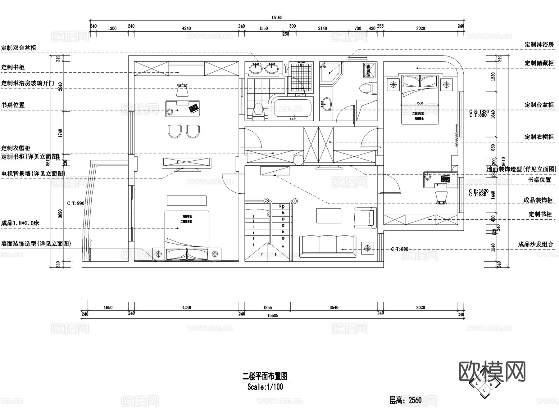 南京湖滨世纪花园美式私宅跃层室内家装CAD施工图cad施工图