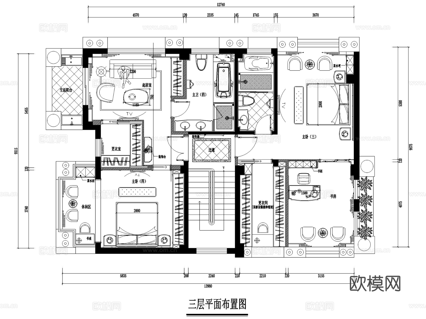 千亿山庄凝香园1排08号三层别墅室内家装CAD施工图整套cad施工图