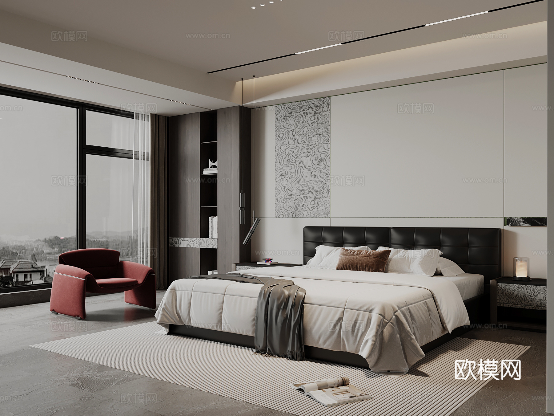 现代卧室 双人床su模型