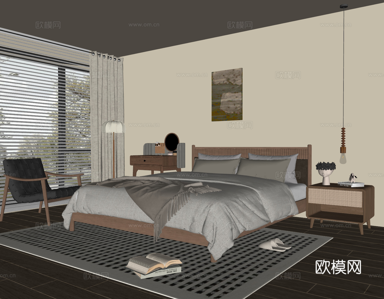 现代中古风家居卧室su模型