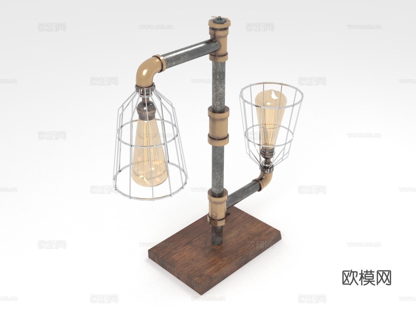 工业风台灯 管道灯 铁艺灯罩 复古灯泡 木质底座3d模型下载（渲染图1）